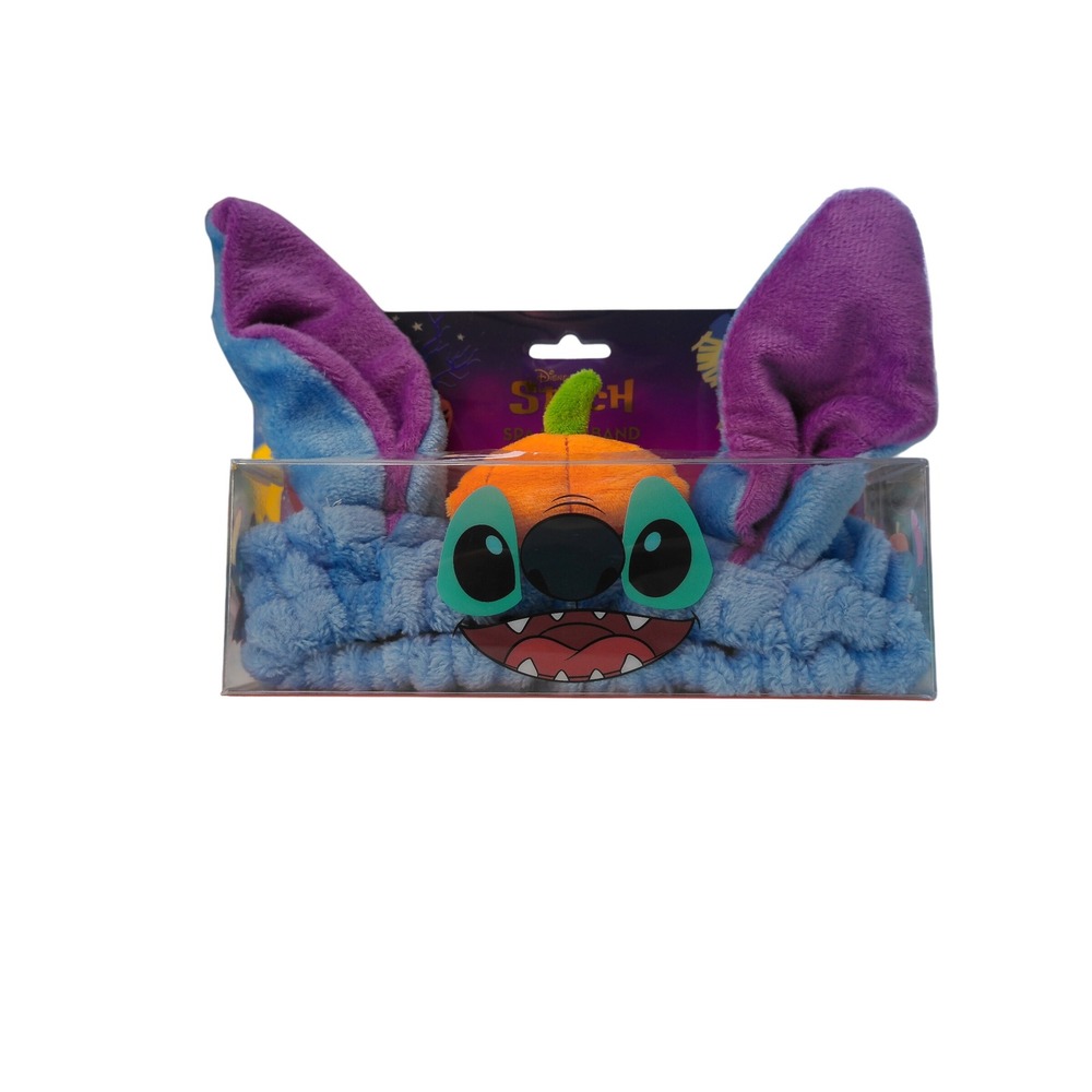 Disney Stitch Halloween Plush Spa Headband Pumpkin Jack-o-Lantern Ears Blue NEW